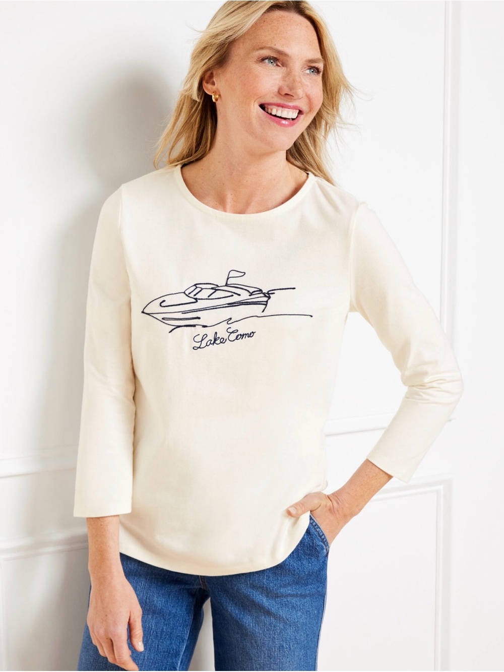 LAKE COMO print Talbots long sleeve top sz Medium